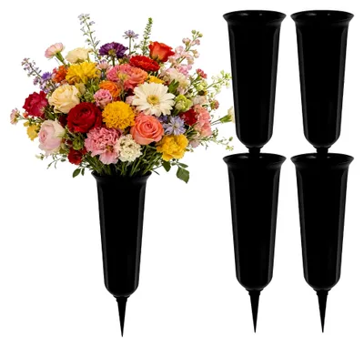 Produktbild von Grabvase mit Erdspieß, 4 Stück Friedhofsvase aus Kunststoff für Blumenarrangements