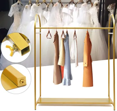 A gold garment rack with several dresses hanging on it, and some close-up shots of the rack's construction.