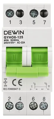 Produktbild von DIN-Schiene manueller Umschalter 2-polig 240VAC 63A – Dual Power Umschalter mit Überlast- und Kurzschlussschutz