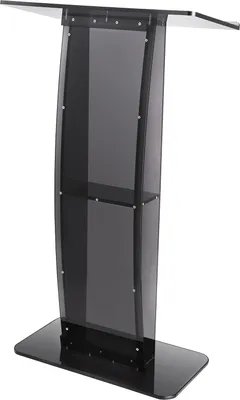 A black acrylic podium with a shelf, shown against a white background.
