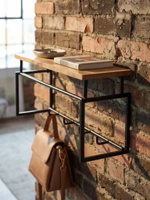 Produktbild von Design Wandgarderobe Mango Massivholz Metall 71x29x20 cm, Hakenleiste mit Ablage und Kleiderstange, Flurgarderobe Garderobe Wand Holz