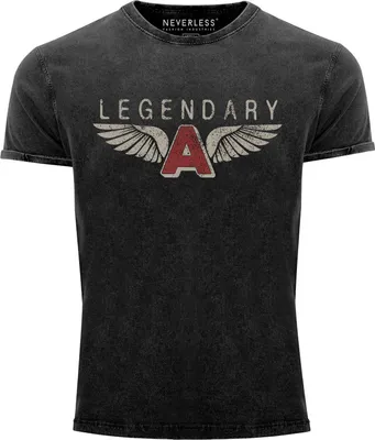 Produktbild von Herren Vintage Shirt Legendary Wings A Flügel Airforce Pilot Flieger Printshirt Used Look Slim Fit Neverless® schwarz M