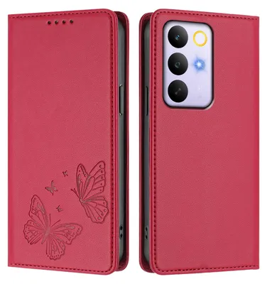 Image de Étui en cuir pour Realme C85 5G, étui de protection type portefeuille en cuir gaufré « papillon » avec support, rouge
