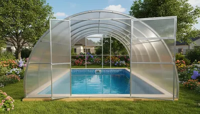 Produktbild von Poolabdeckung "Mirella" von Garten Dream. 3.5x10M mit 6mm polycarbonate Ganzjährige Nutzung. Schnee- und winddicht. Türen auf jeder Seite. Rostschutz