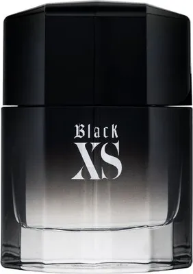 A product shot of a bottle of Paco Rabanne Black XS perfume.