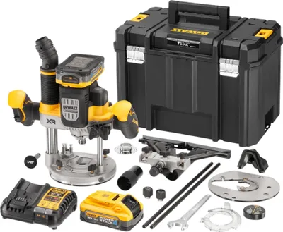 Produktbild von DeWalt Akku-Oberfräse 18 V (bürstenlos), incl. 2x Akku 5 Ah, Schnellladegerät, Zubehör, TSTAK-Box