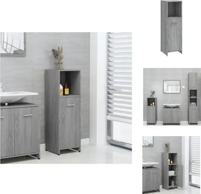 A collage of images showing a gray bathroom cabinet in different settings and angles.