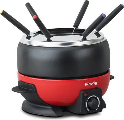 A red and black electric fondue pot with six fondue forks is shown against a white background.