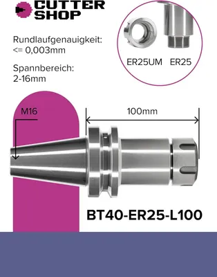 Image de Support de mandrin pour machines de fraisage et usinage CNC, comprenant un mandrin ER25 et une longueur de 100 mm