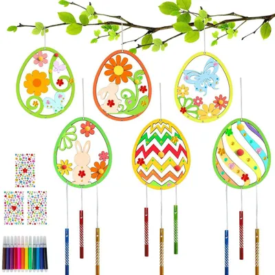 Produktbild von Bastelset Kinder DIY Windspiel mit 12 Holzanhängern, Ostereier zum Bemalen, ab 4 Jahre