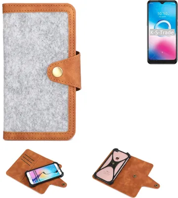 Produktbild von K-S-Trade Handyhülle kompatibel mit Alcatel 3L (2020) Schutzhülle Filz-Hülle Kunst-Leder hellgrau braun (1x)