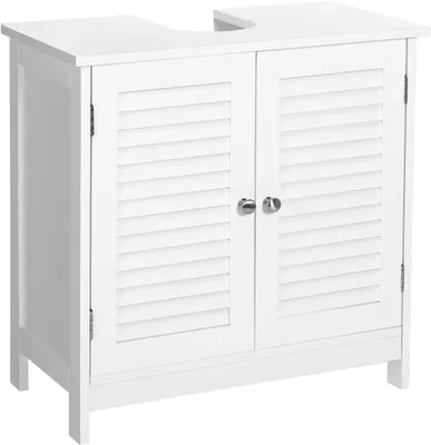 Productafbeelding van Wastafelonderkast - Badkamerkast met lamellendeuren en sifonuitsparing - MDF - 60 x 30 x 60 cm - Wit