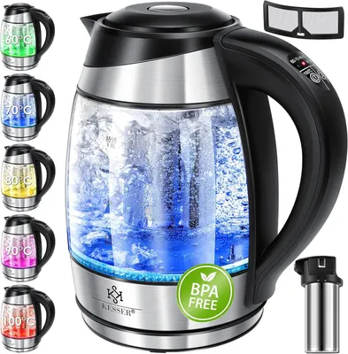 Produktbild von KESSER Wasserkocher 1,8L Glas & Edelstahl, LED-Farbbeleuchtung, Temperaturwahl 60–100°C, Warmhaltefunktion, Teesieb, BPA-frei, Kalkfilter