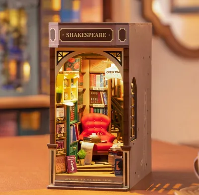 3D-Puzzle-Bücherstützen-Set mit LED-Licht, DIY-Miniaturhaus, Holz