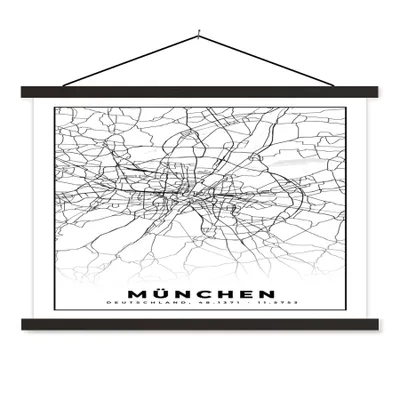 Produktbild von MuchoWow® Textilposter München - Karte - Stadtplan 90x60 cm mit schwarzem Rahmen - Aufhängungssatz