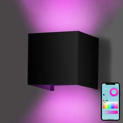 Productafbeelding van Gologi Smart Wandlamp – Geschikt voor binnen en buiten – Dimbaar – Industrieel design – RGB-kleuren – Bedienbaar via app – Zwart