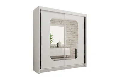 Produktbild von Schiebetürenschrank 203 cm Weiß mit Spiegeln, Kleiderschrank mit 2 Spiegeltüren und schwarzen Glaselementen, Lieferung bis in die Wohnung