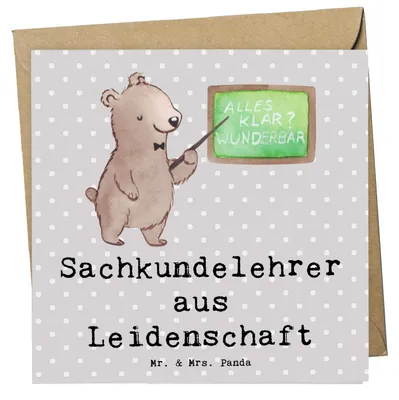 Produktbild von Mr. & Mrs. Panda Grußkarte Sachkundelehrer Leidenschaft - Grau Pastell - Geschenk, Grundschule, Spruch, Lustig, Glückwunschkarte, anlasskarte, Witzig, Sachkundeunterricht