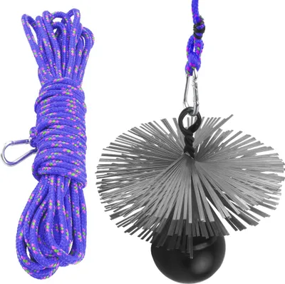 A coiled purple rope with a carabiner clip and a chimney cleaning brush with a black ball weight.