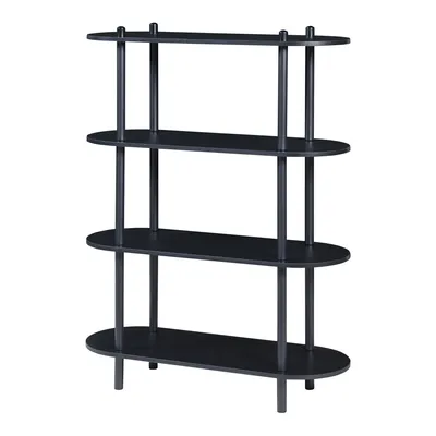 A black, four-shelf bookshelf with oval shelves and thin vertical supports, presented against a white background.