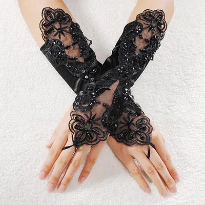 Produktbild von Frauen Faux Perle Spitze Handschuhe Braut Fingerlose Hochzeit Brautkleid Handschuh - (schwarz)