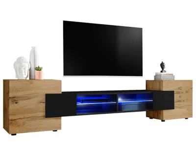 Obrázek produktu pro Extreme Furniture Bridge Tv Skříňka | Skříňka Do Obývacího Pokoje Se 2 Skleněnými Policemi A 2 Dvířky Korpus Wotan A Černé Přední Části