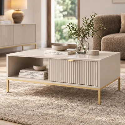 Produktbild von Couchtisch Kioto 104 cm Kaschmir Beige & Gold – 2 Schubladen, Rillenfront, Goldene Griffe, Glamour, KI-generiertes Bild