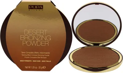A bronzing powder compact and its packaging are shown against a white background.