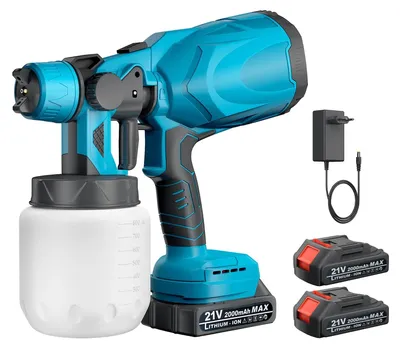 Produktbild von Farbsprühgerät - Akku Farbspritzpistole - 800 ml Behälter - 21V wiederaufladbarer Akku - Handgerät und tragbar - Für Wandstreichen - Blau