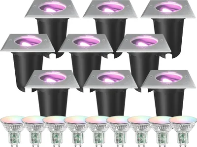 Produktbild von Ledvion 9er Set LED-Bodenstrahler für den Außenbereich, IP67, 4,9W, 230V, 345 Lumen, GU10, RGB