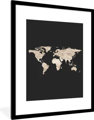 Produktbild von MuchoWow® Gerahmtes Poster Weltkarte - Beige - Schwarz 60x80 cm - Poster mit Schwarzem Bilderrahmen Wandposter Rahmen Foto Bilder - Wohnzimmer - Dekorationen - Prämie