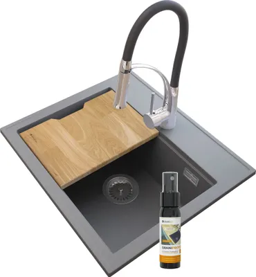 Produktbild von Granitan - Granitspüle - Spülbecken 56,5x50,5 cm - Küchenspüle Grau - mit Armatur und Siphon - FOXAL
