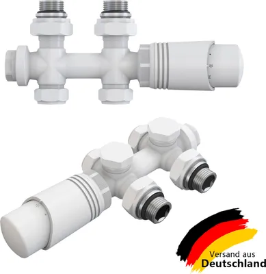 Immagine prodotto di Set multiblocco ELEGANT per raccordo radiatore incl. rubinetto termostatico valvola di blocco Accessori per il riscaldamento Forma angolare e diritta Bianco