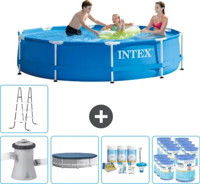 Produktbild von Intex Rundrahmen-Schwimmbecken – 305 x 76 cm – Blau – inklusive Pumpe Abdeckung - Wartungspaket - Filter - Leiter