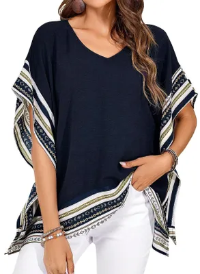 Produktbild von TUUHAW Tunika Damen V Ausschnitt Elegante Sommer Bluse Dunkelblau M