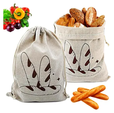 Produktbild von Leinen Brotbeutel, 2 Stück, 40cm × 30cm Aufbewahrungsbeutel für Brot, Frischhalten, Wiederverwendbar, Backen, Obst, Gemüse