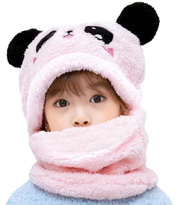Produktbild von Kinder Winter Mütze mit Schal 2 in 1 Kaninchen Panda Ohrenklappe Rosa 1-4 Jahre Plüsch