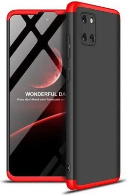 A black and red phone case is shown from a diagonal angle, with the phone screen visible on the left.