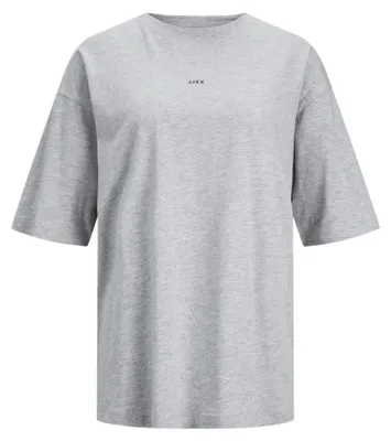 Imagen del producto de Jack & Jones, camiseta de mujer modelo Jxandrea Loose, diseño "Every Logo", color gris claro jaspeado