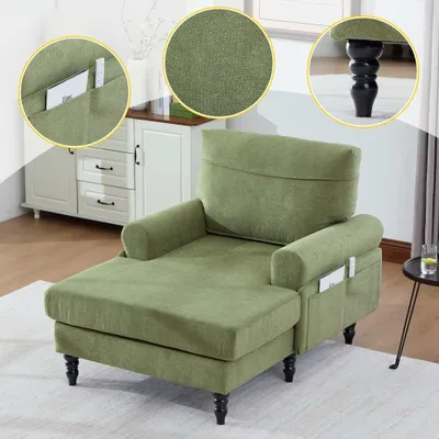 Produktbild von AIORBER Moderner Chenille Sessel mit Armlehnen und Seitentaschen, breiter Relaxsessel mit Massivholzbeinen für Wohnzimmer Schlafzimmer, Olivgrün