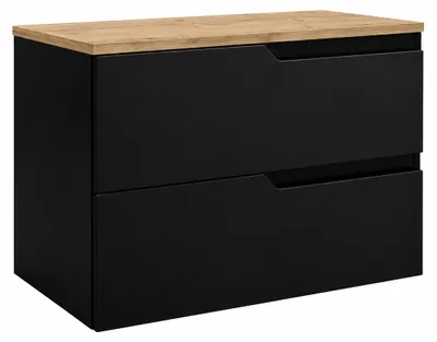 Productafbeelding van Badkamerkast, hangend, 80 cm breed, met lades, corpus in zwart, deurtjes in eikenhout "Craft", afmetingen: 80 x 46 x 58,6 cm, AI-gegenereerde afbeelding