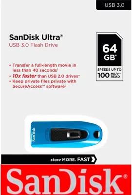 Produktbild von SanDisk Ultra 64GB USB 3.0, 64 GB, USB Typ-A, 3.2 Gen 1 (3.1 Gen 1), 100 MB/s, Dia, Blau