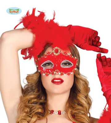 Produktbild von Venezianische Maske in Rot mit Federn und Strass für Damen