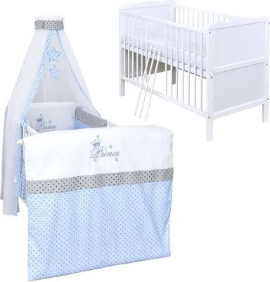 Produktbild von Baby-Delux Babybett Kinderbett Max 120×60 Weiß mit Matratze, Beißschienen 10-tlg. Bettwäsche Set Prince Stars