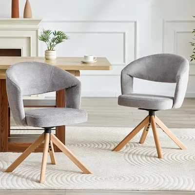 Image de Lot de 2 fauteuils pivotants rétro de luxe, tissu texturé gris, pieds en bois massif, pivotants à 360°