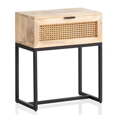 Produktbild von Nachtkonsole Mango Massivholz / Rattan 50x60x30 cm Nachttisch Braun, Nachtkommode Boxspringbett mit Schublade Wiener Geflecht, Nachtkästchen mit Stauraum & Metallgestell