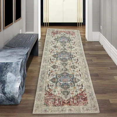 Image de Tapis moderne classique avec décorations & ornements orientaux en crème rouge orange Taille - 80 x 150 cm