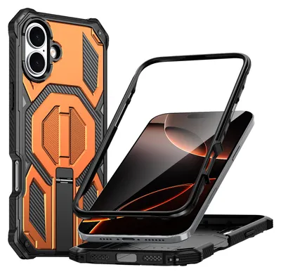 Image de Étui magnétique pour iPhone 16, compatible MagSafe, avec support métallique, étui antichoc de qualité militaire, orange