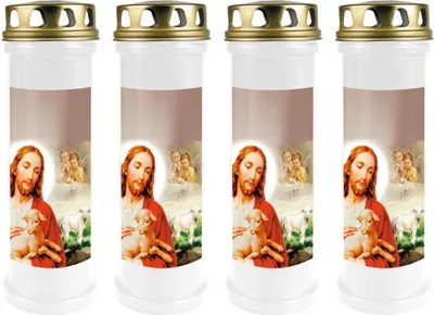 Produktbild von Grabkerze Weiß 4er Pack, Brenndauer: 100 Stunden ( je Kerze ), Motiv: Jesus mit Lamm