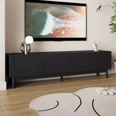 Immagine prodotto di MODFU Mobile TV moderno mobile multimediale con ante ondulate, mobile laterale con ripiani e gambe stabilizzanti, nero